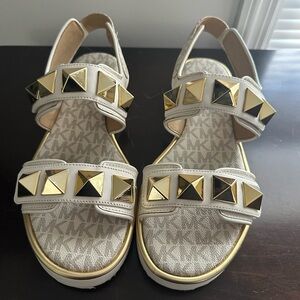 Michael Kors White Leather Sandals with Gold Stud Accents